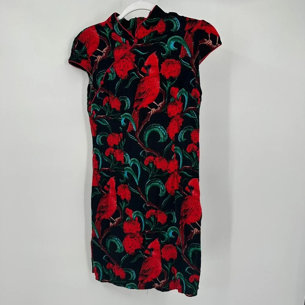 Womens Chinoiserie Carinal Dress Size S Botanical Floral Bird Festive Holiday